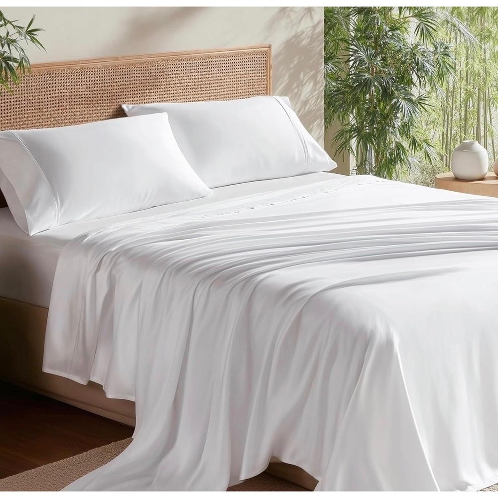 Bedsure Queen Sheet Set 100% Rayon Bamboo White Cooling Deep Pocket Silky Soft